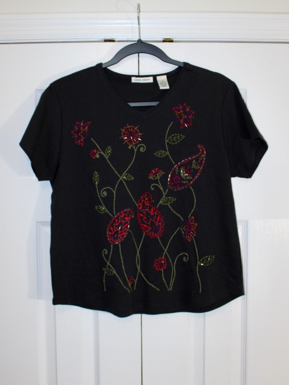 Vintage Laura Ashley Black Embroidered Beaded Floral Top Size M